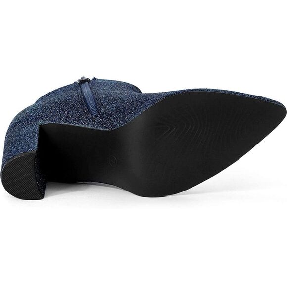 NWT Wool + Pepper Co. Navy Blue Glitter Pointed Toe Thick Heeled Booties - Picture 4 of 6